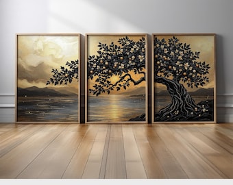 Elegant Black and Gold Tree Wall Art Triptych | Luxury Sunset-Inspired Canvas Prints | Modern Luxury Artwork | Golden Horizon Wall Decor