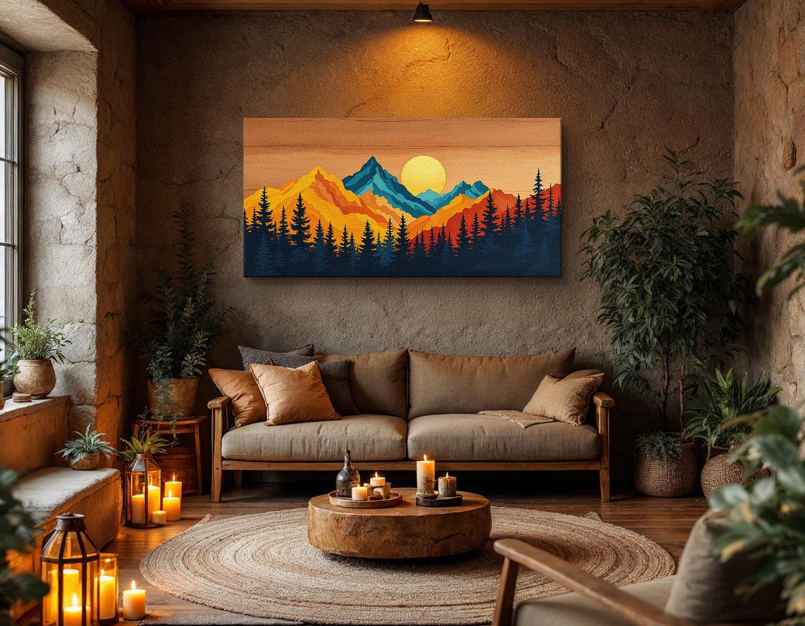 Vibrant Mountain Sunset Wall Art – Modern Geometric Landscape Canvas ...