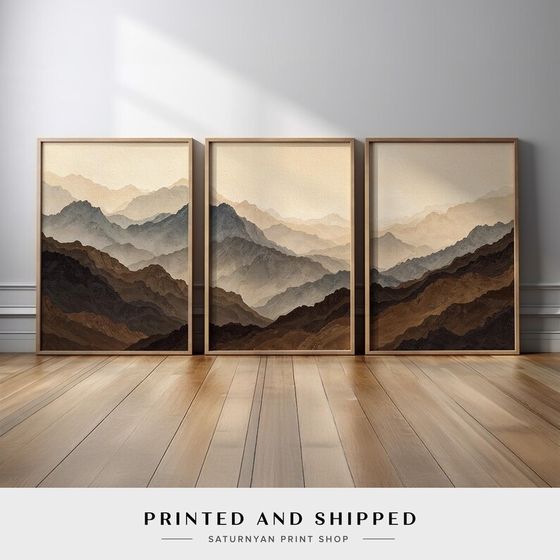 Neutral Mountain Wall Art Triptych | Misty Layered Landscape Set of 3 ...