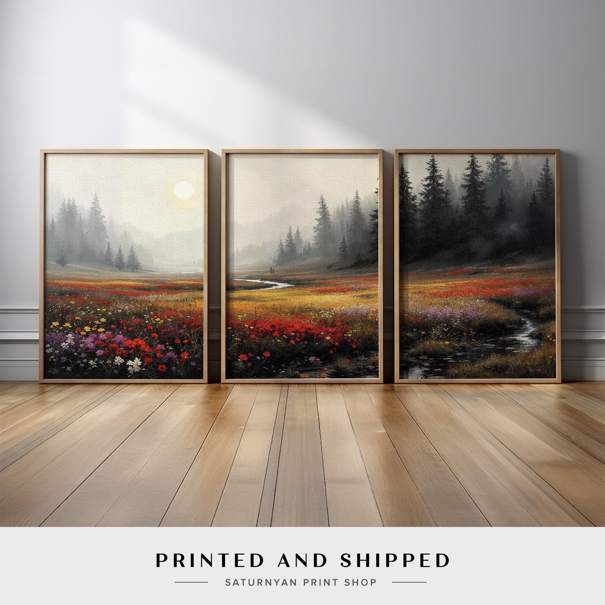Serene Landscape Triptych Canvas Wall Art | Misty Pine Forest With ...