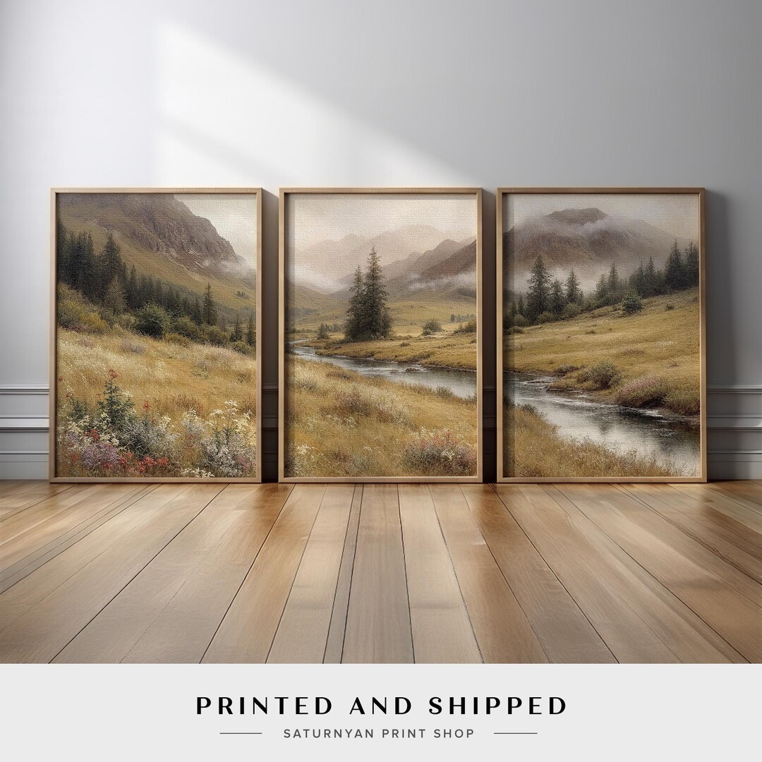Misty Mountain Landscape Wall Art Set of 3 | River Valley Canvas Prints ...