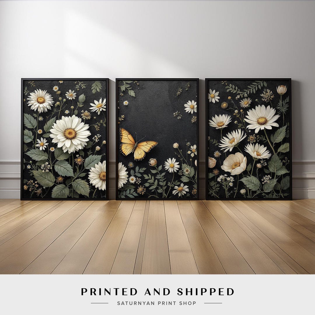 Dark Floral Daisy Triptych Wall Art | Elegant White Flowers and Yellow ...