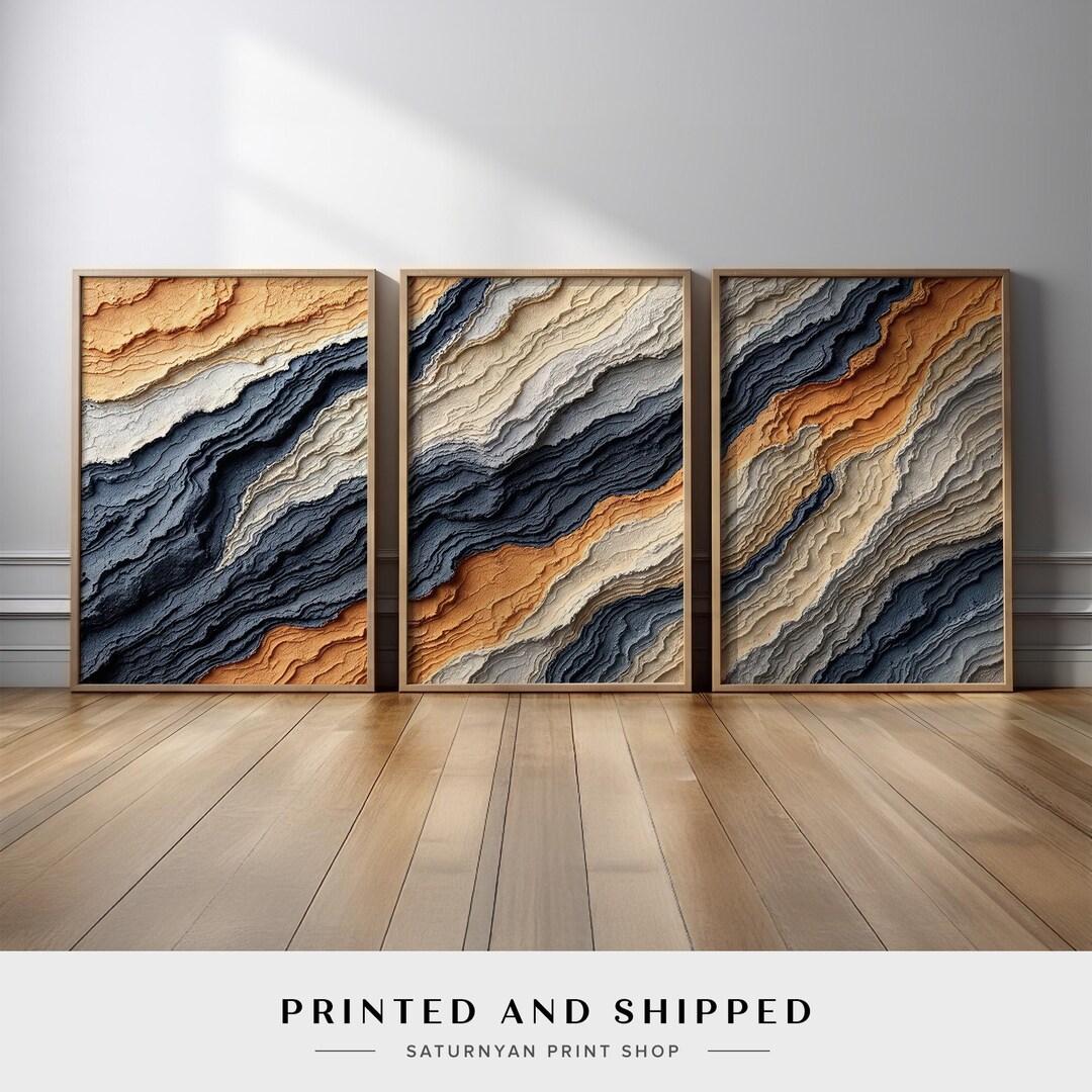 Earthy Rock Flow Wall Art | 3-piece Abstract Decor in Navy Blue, Beige ...