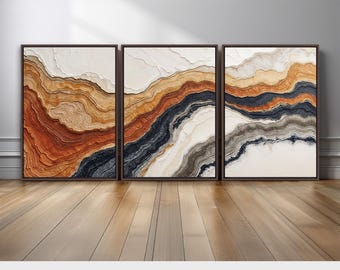 Contemporary Abstract Wall Art Triptych | Earth Tone Canvas Prints in Beige, Rust, and Black with Natural Stone and Geology Inspired Decor