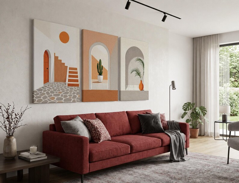 Mediterranean Archway Wall Art Set | Warm Beige & Terracotta Minimalist Print Triptych | Boho Spanish Villa Inspired for Modern Home Decor image 18