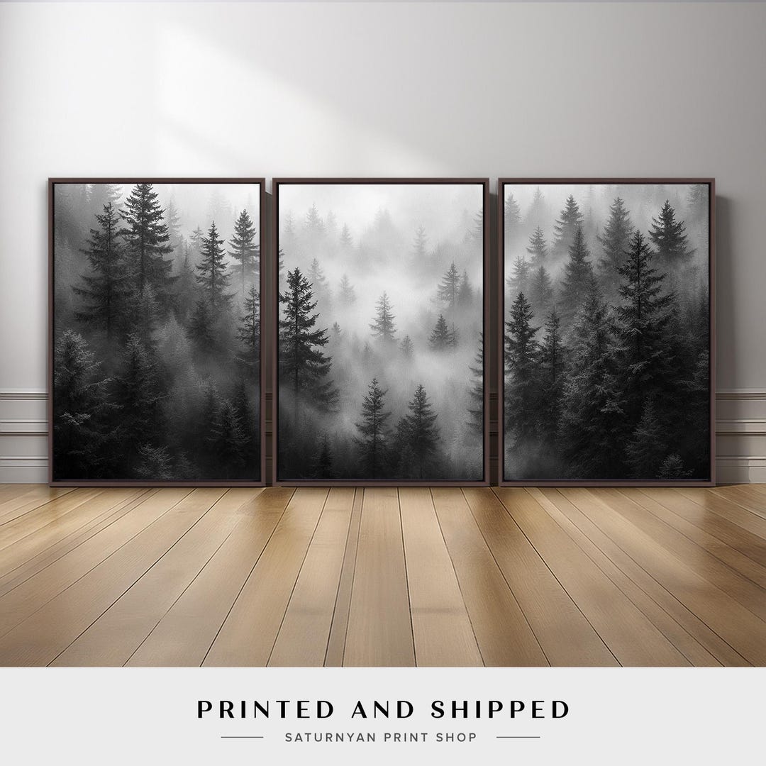 Foggy Forest Black and White Pine Tree Wall Art Set of 3 | Misty ...