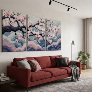 Japanese Cherry Blossom Wall Art Set, Sakura Tree Wall Decor, Elegant Floral Triptych, Zen Meditation Art, Soft Pink Nature Canvas Print bild 6