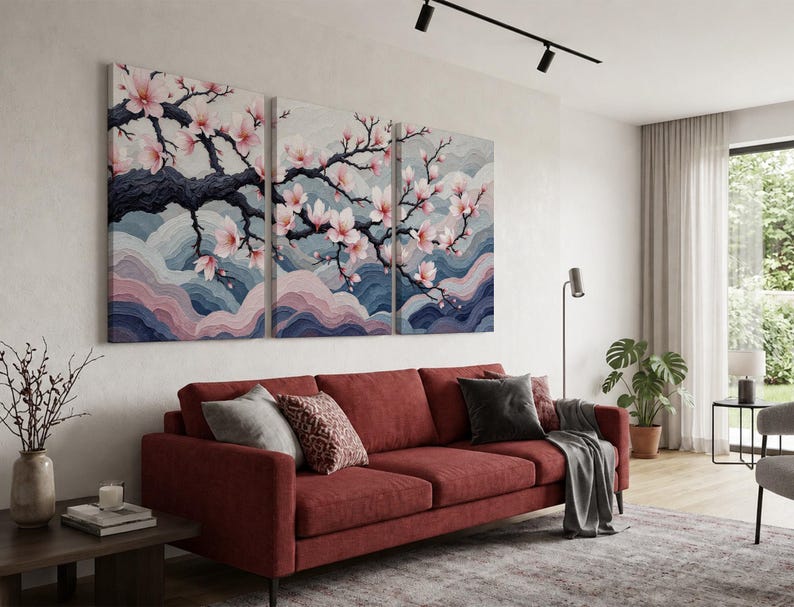 Japanese Cherry Blossom Wall Art Set, Sakura Tree Wall Decor, Elegant Floral Triptych, Zen Meditation Art, Soft Pink Nature Canvas Print bild 6