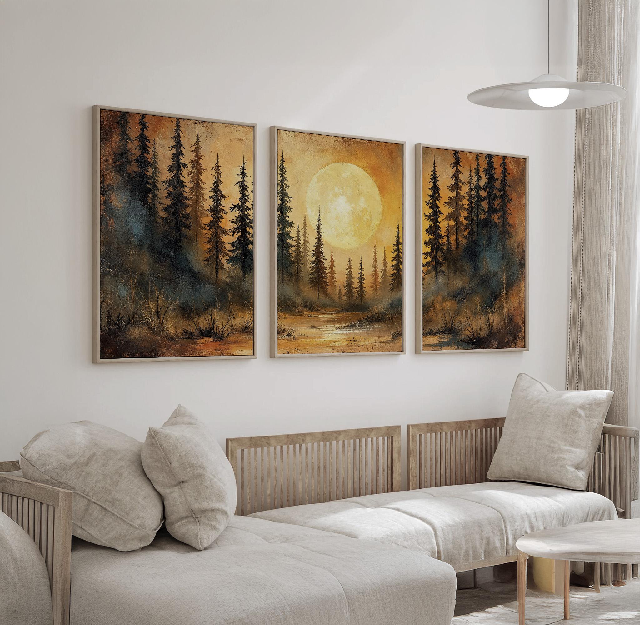 Moonlit Forest Wall Art Set of 3 | Golden Night Landscape Canvas Prints ...