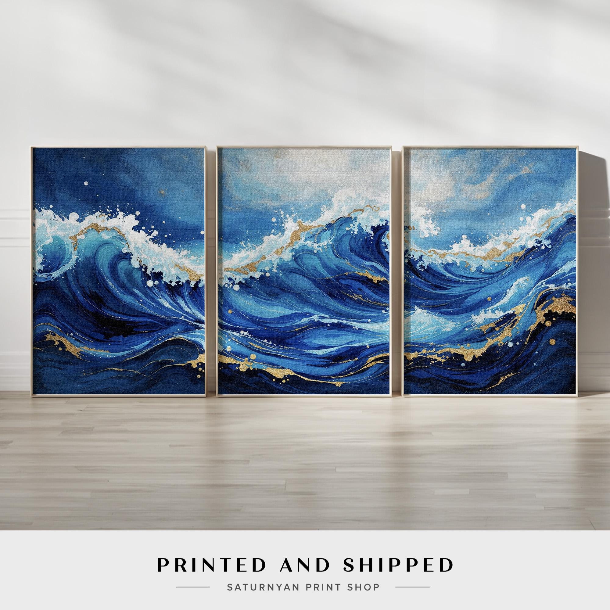 Blue Ocean Wall Art Triptych | Bold Abstract Wave Canvas Prints With ...