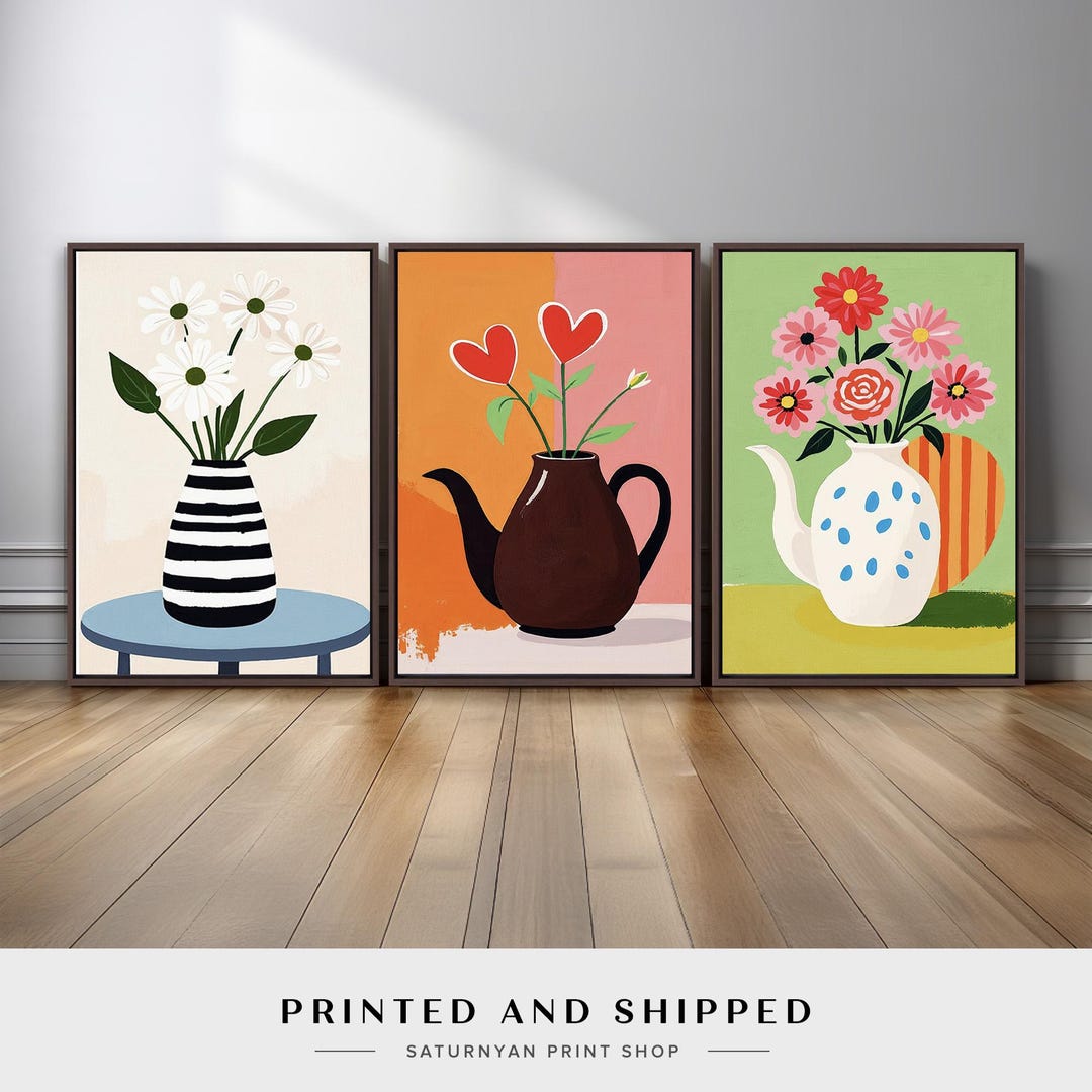 Whimsical Floral Vase Wall Art Set of 3 | Colorful Playful Flowers in ...