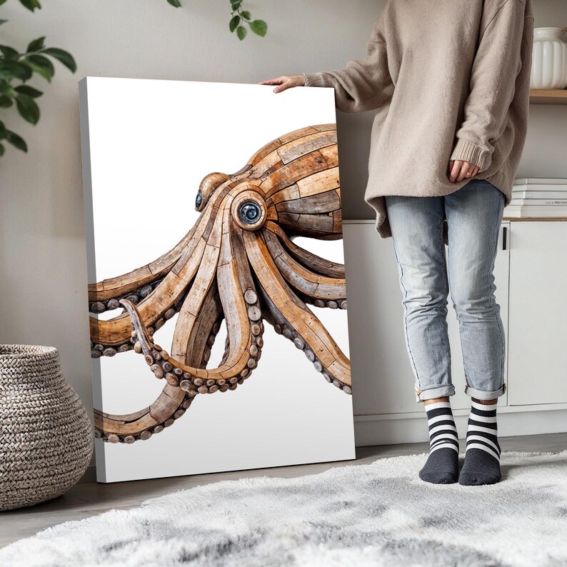 May include: A rectangular canvas print featuring a detailed illustration of an octopus constructed from segmented light brown wooden planks. The octopus has a prominent blue eye and textured suckers along its curved, sprawling tentacles.