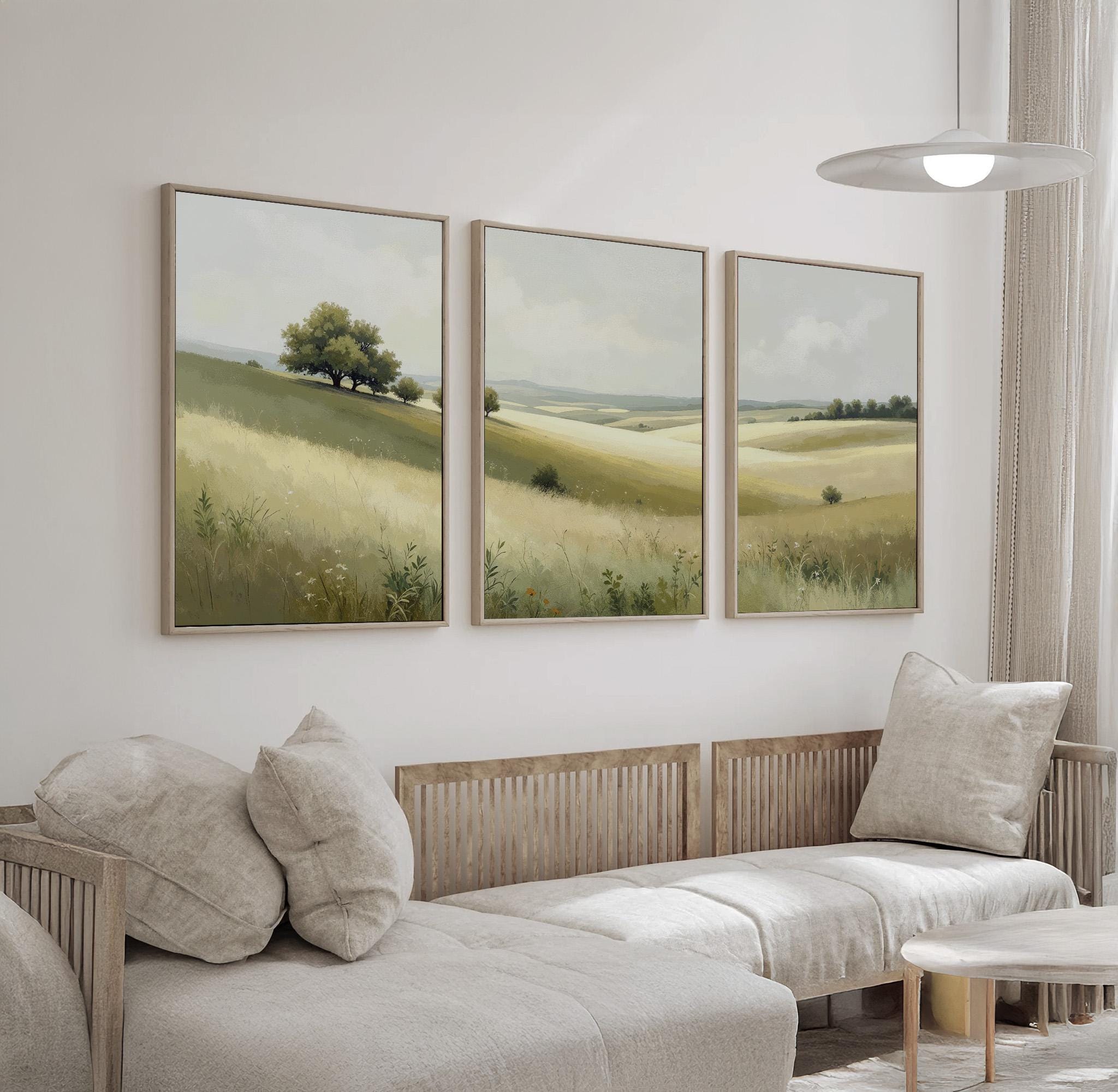 Countryside Landscape Wall Art Set of 3 | Neutral Beige and Green ...
