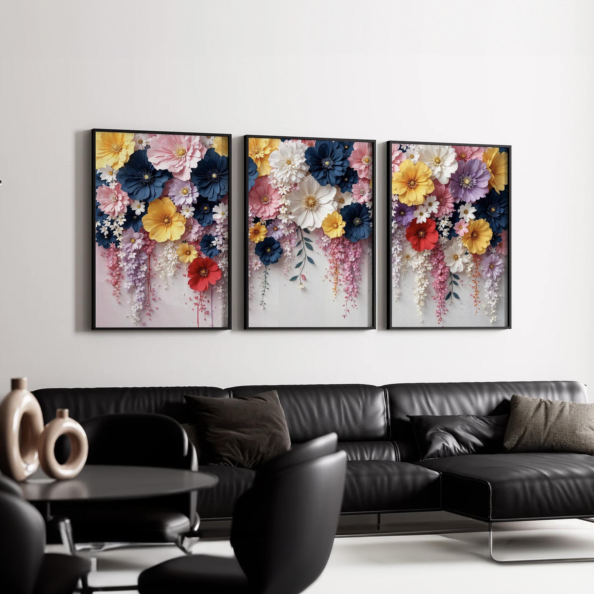 Colorful Cascading Floral Triptych Wall Art | Set of 3 Vibrant Flower ...