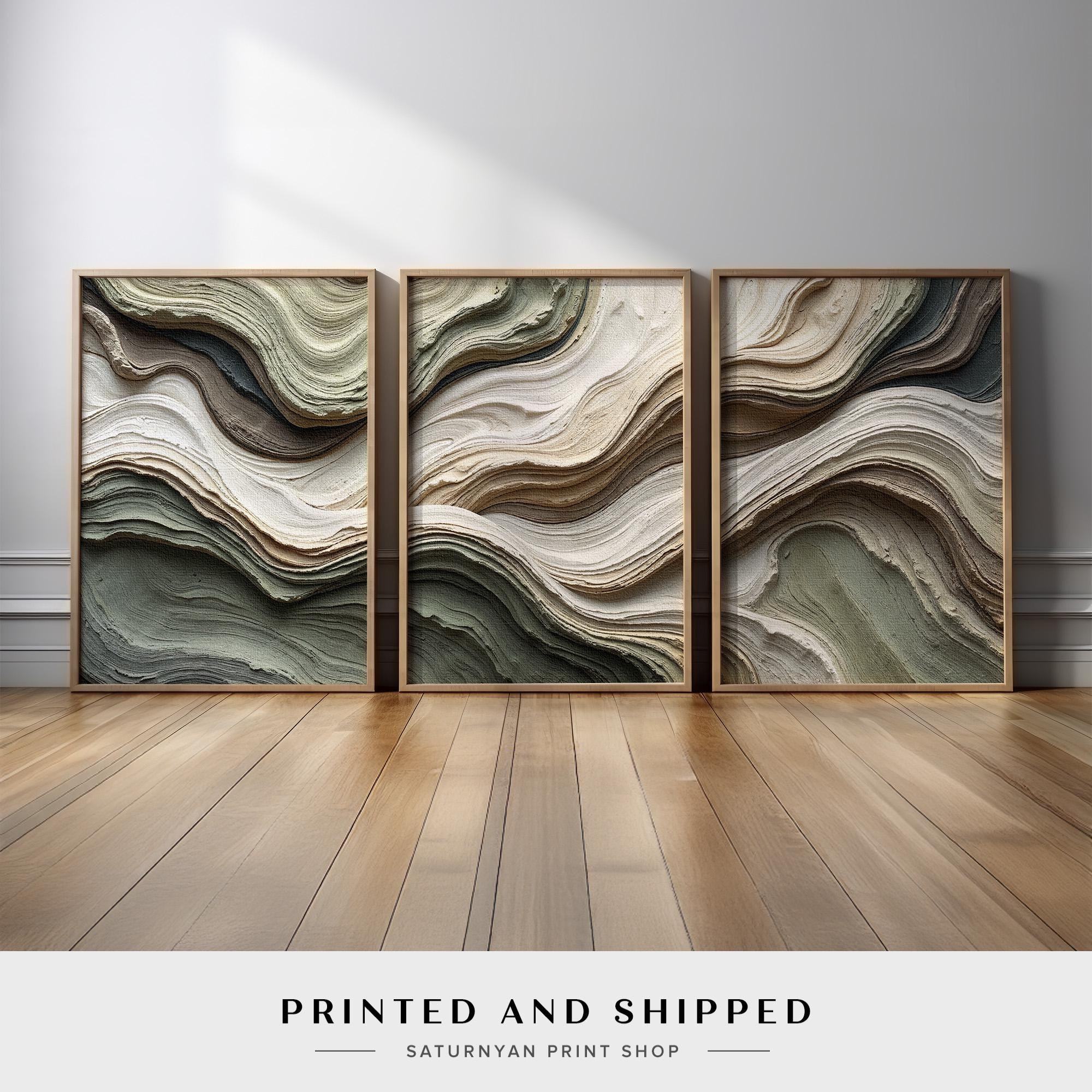 Sage Green Cream Layered Wave Abstract Wall Art Set of 3 | Neutral ...