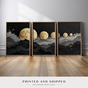 Modern Moon Phase Wall Art | Set of 3 Celestial Canvas Prints in Black Gold Full Moons Over Starry Night Sky for Elegant Home Decor