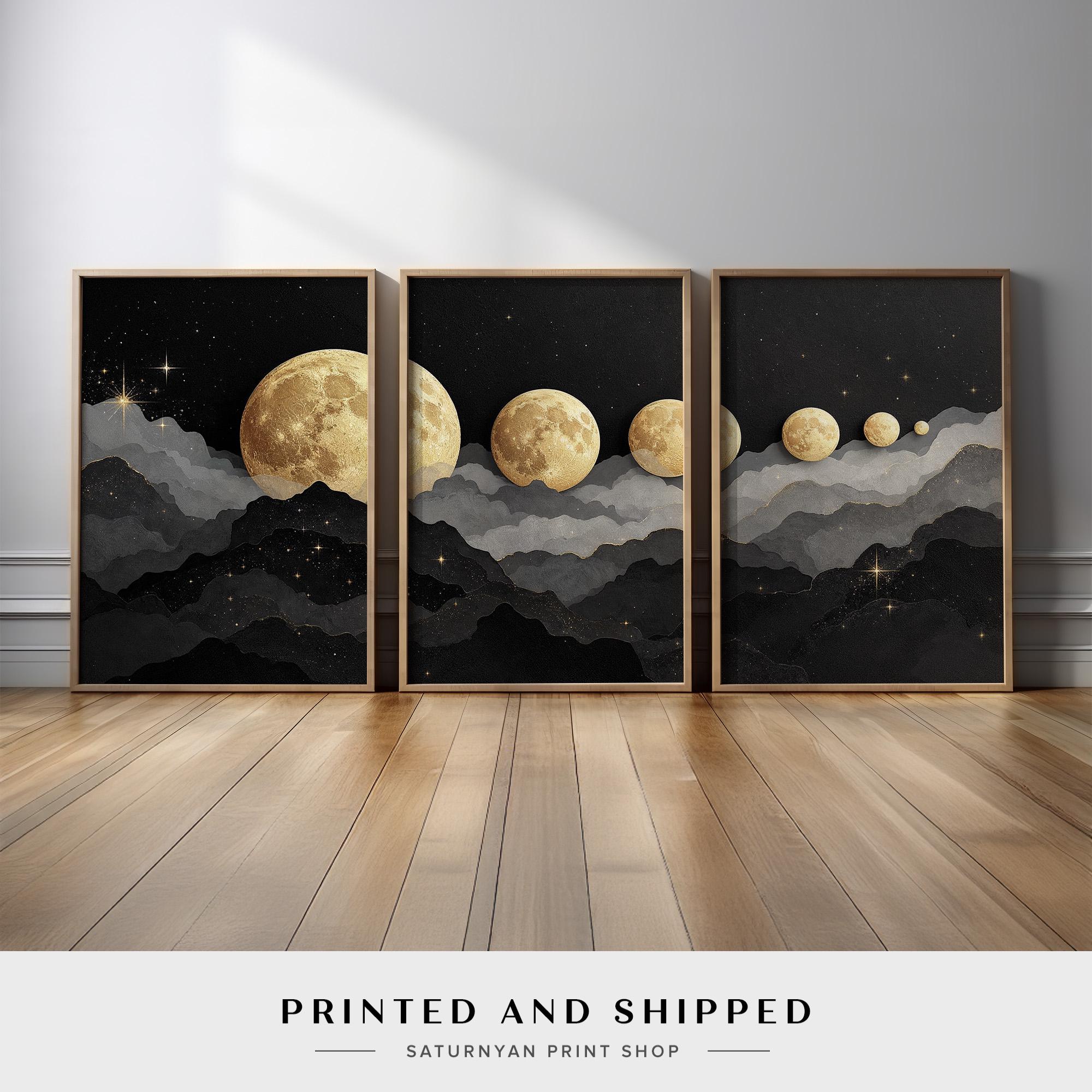 Modern Moon Phase Wall Art | Set of 3 Celestial Canvas Prints in