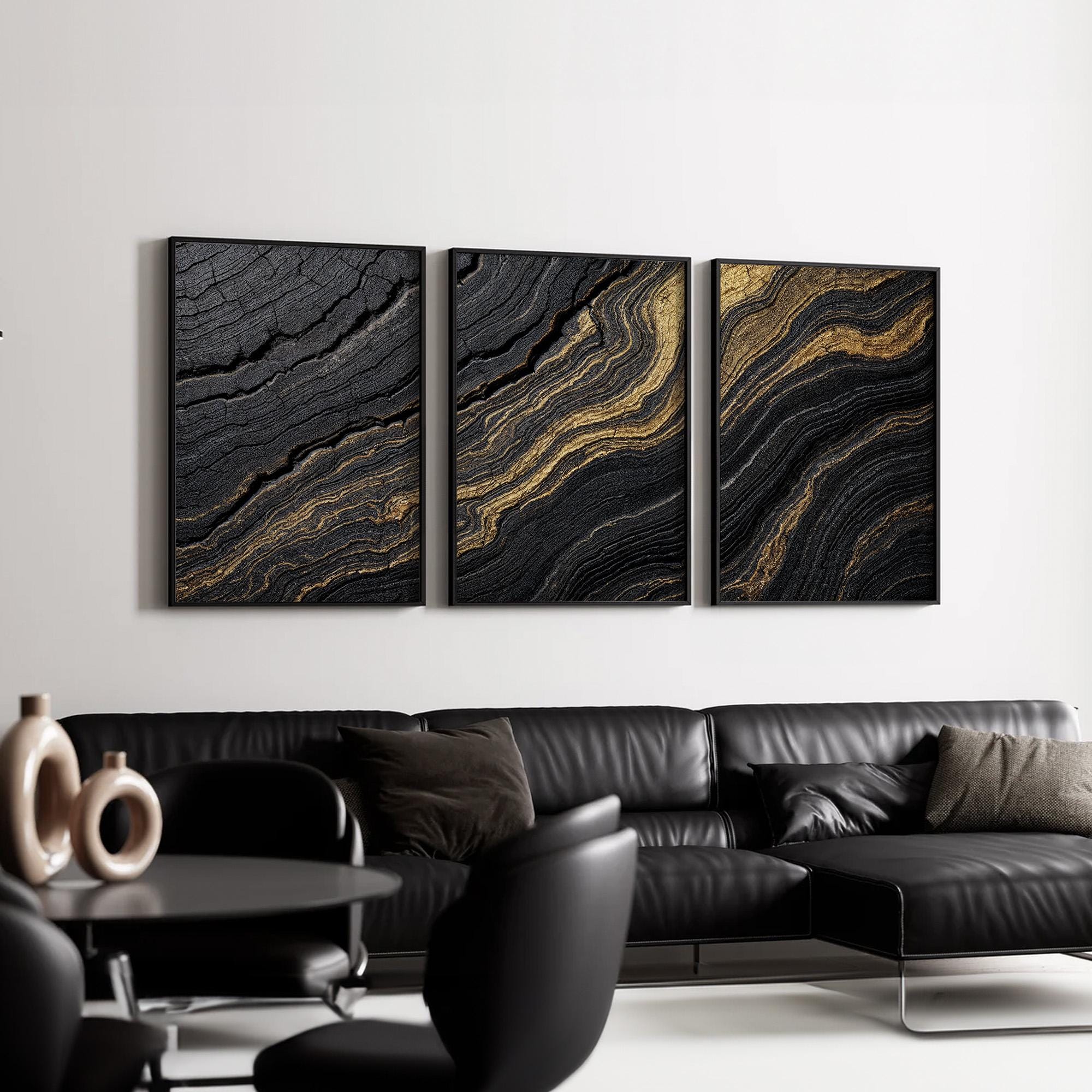 Black and Gold Abstract Wall Art Set of 3 | Modern Wave Pattern Canvas ...