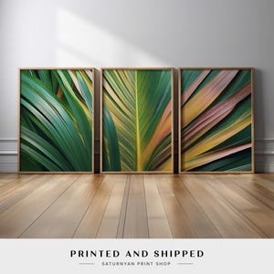 Tropical Palm Leaf Wall Art | Modern Green and Gold Botanical Set of 3 | Nature-Inspired Canvas Prints Set for Living Room or Bedroom Decor