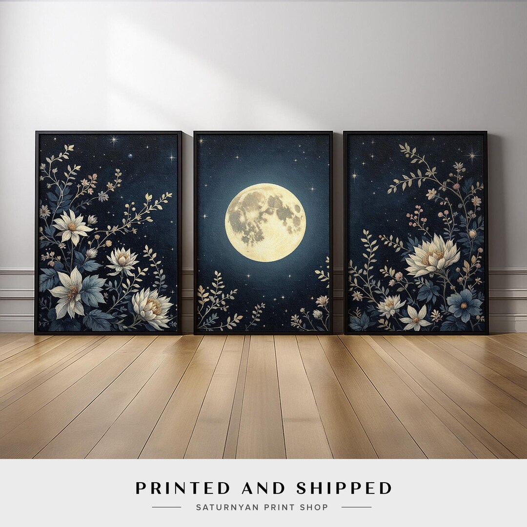 Celestial Moon Wall Art Triptych | Floral Botanical Canvas Prints With ...