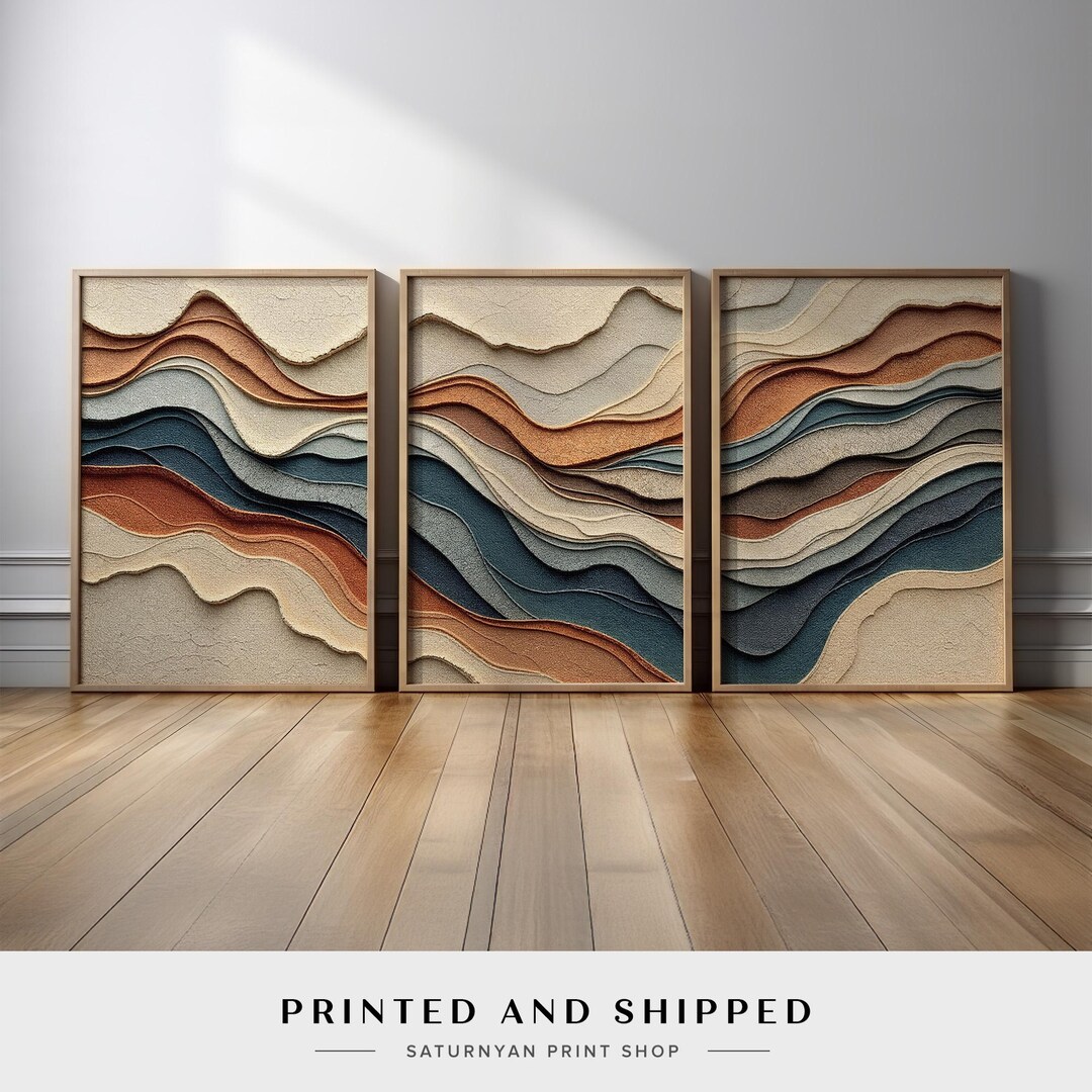 Abstract Wave Wall Art Set of 3 | Layered Neutral Earth Tone Canvas ...