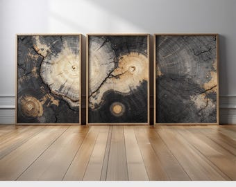 Tree Ring Wall Art Set of 3 | Rustic Wood Grain Black and Beige Triptych | Natural Earthy Tones Canvas Prints for Modern Farmhouse Decor