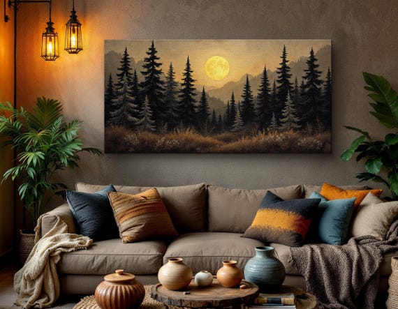 Moonlit Forest Landscape Wall Art - Large Canvas Painting of Pine Trees and Full Moon - Tranquil Nighttime Nature Decor for Home or Office