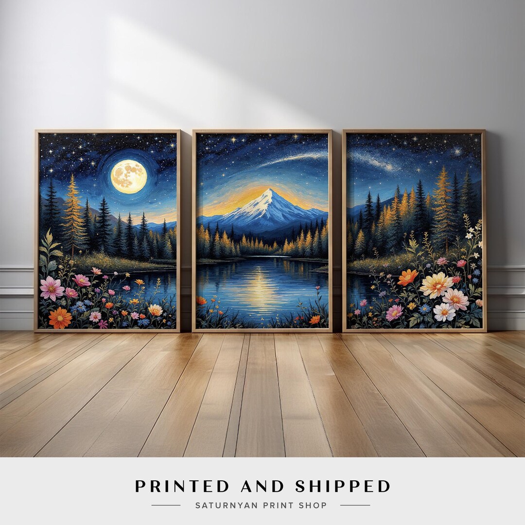 Moonlit Mountain Landscape Triptych Wall Art | Set of 3 Starry Night ...