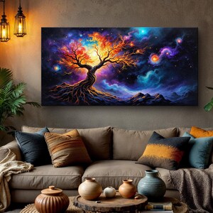 Galaxy Tree Wall Art, Cosmic Space Canvas Print, Fantasy Surreal Artwork, Vibrant Nebula Painting, Mystical Universe Decor