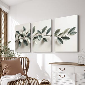 Minimalist Botanical Wall Art Set of 3 | Olive Green Leaf Branch Canvas ...