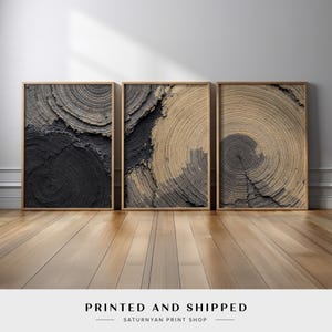 May include: Three framed abstract art prints with a wood grain texture. The prints feature a circular pattern in shades of brown and black.