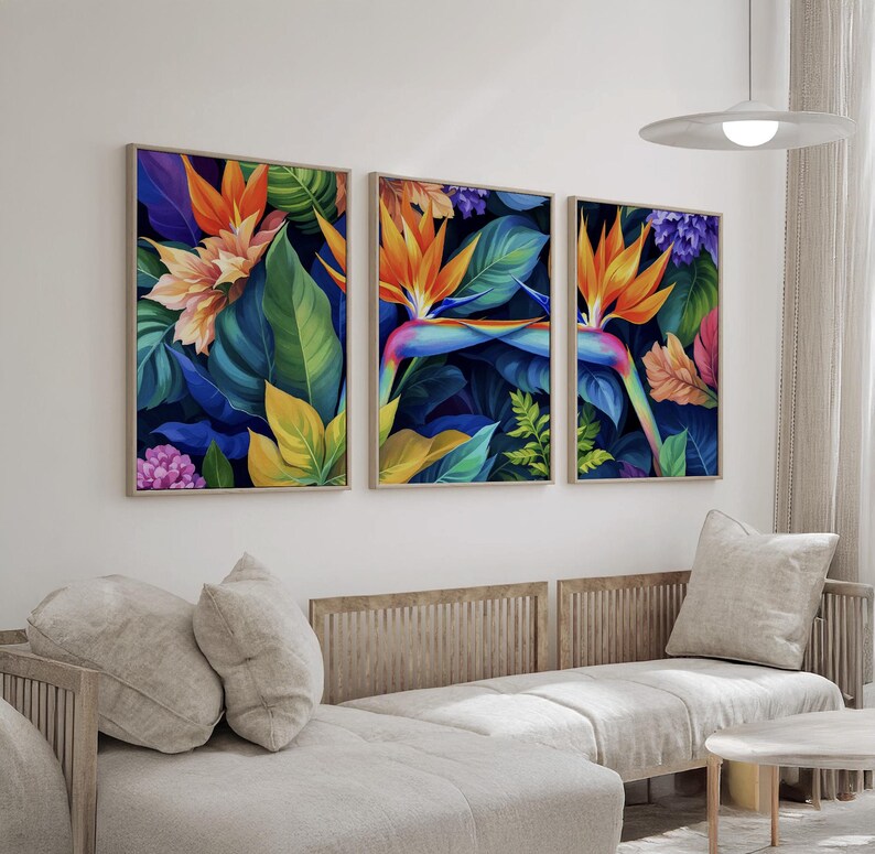 Bird of Paradise Tropical Triptych Wall Art Set | Vibrant Jungle Flower ...