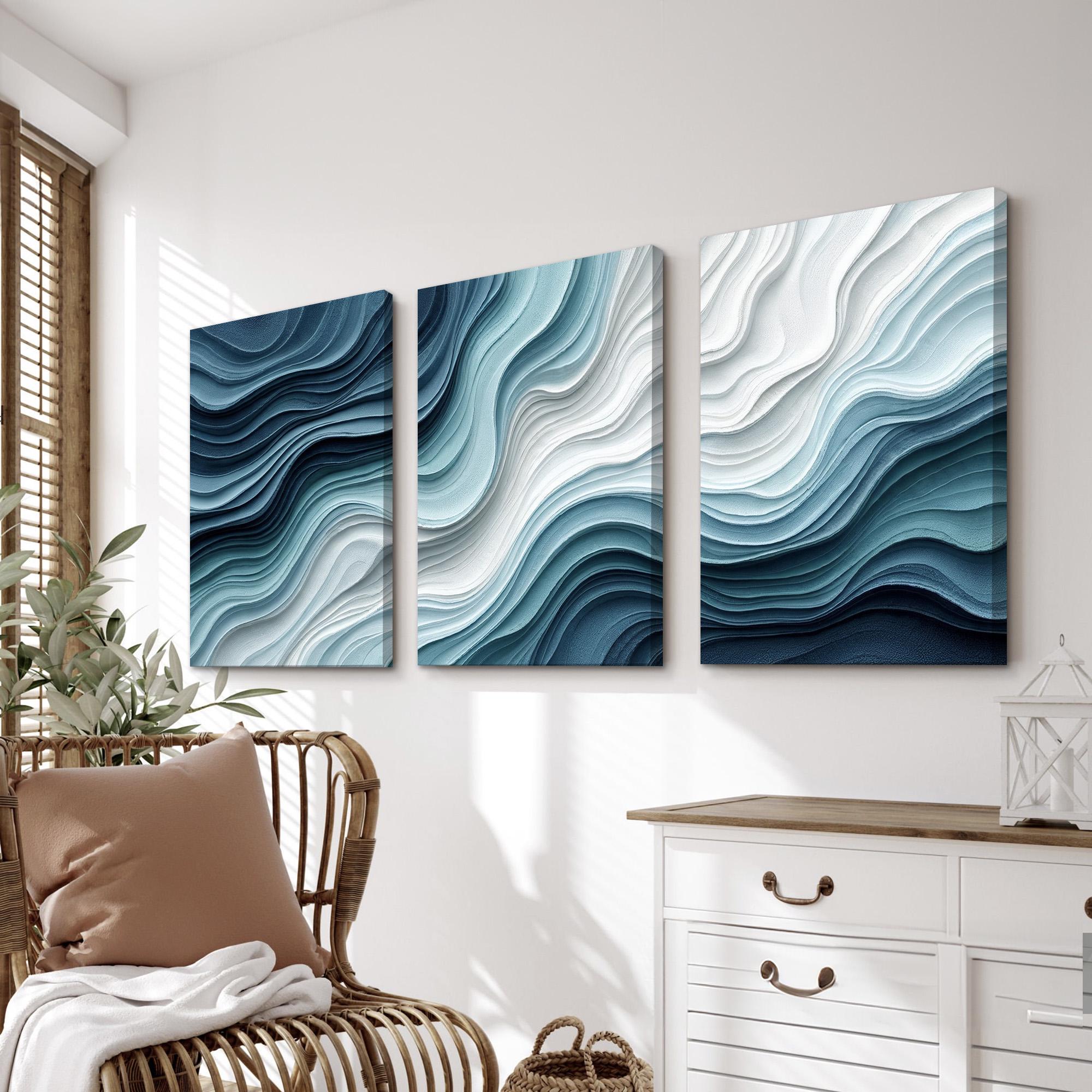 Ocean Wave Abstract Wall Art Set of 3 | Coastal Blue and White Canvas ...