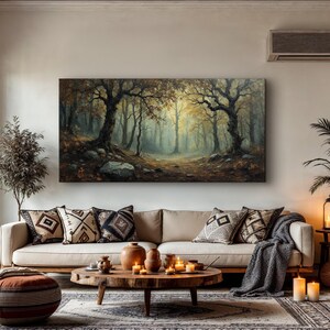 Rustic Forest Wall Art - Misty Woodland Canvas Print With Trees and ...