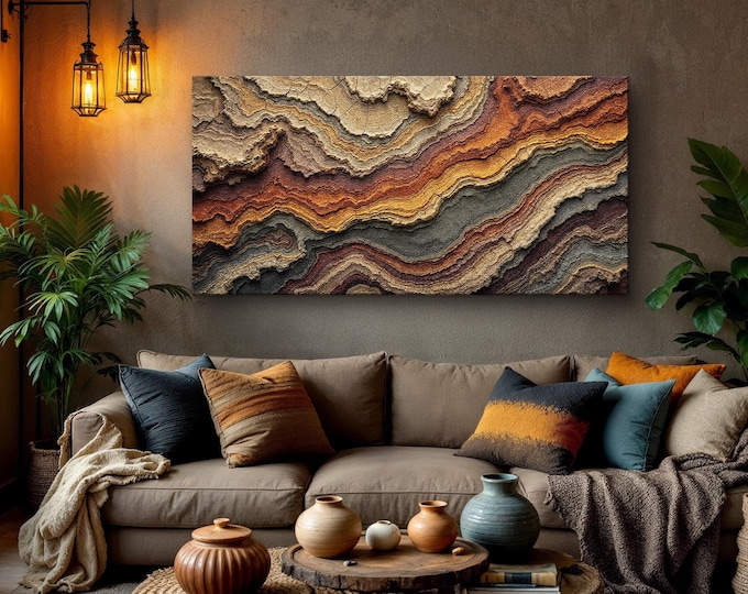 Abstract Rock Formation Wall Art - Earthy Layered Design Canvas Print - Natural Geology-Inspired Modern Painting for Home Decor