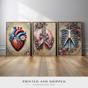Anatomical Set of 3 Wall Art | Heart, Lungs, and Ribcage with Roses | Medical-Inspired Canvas Prints Wall Art | Unique Vintage Gothic Decor