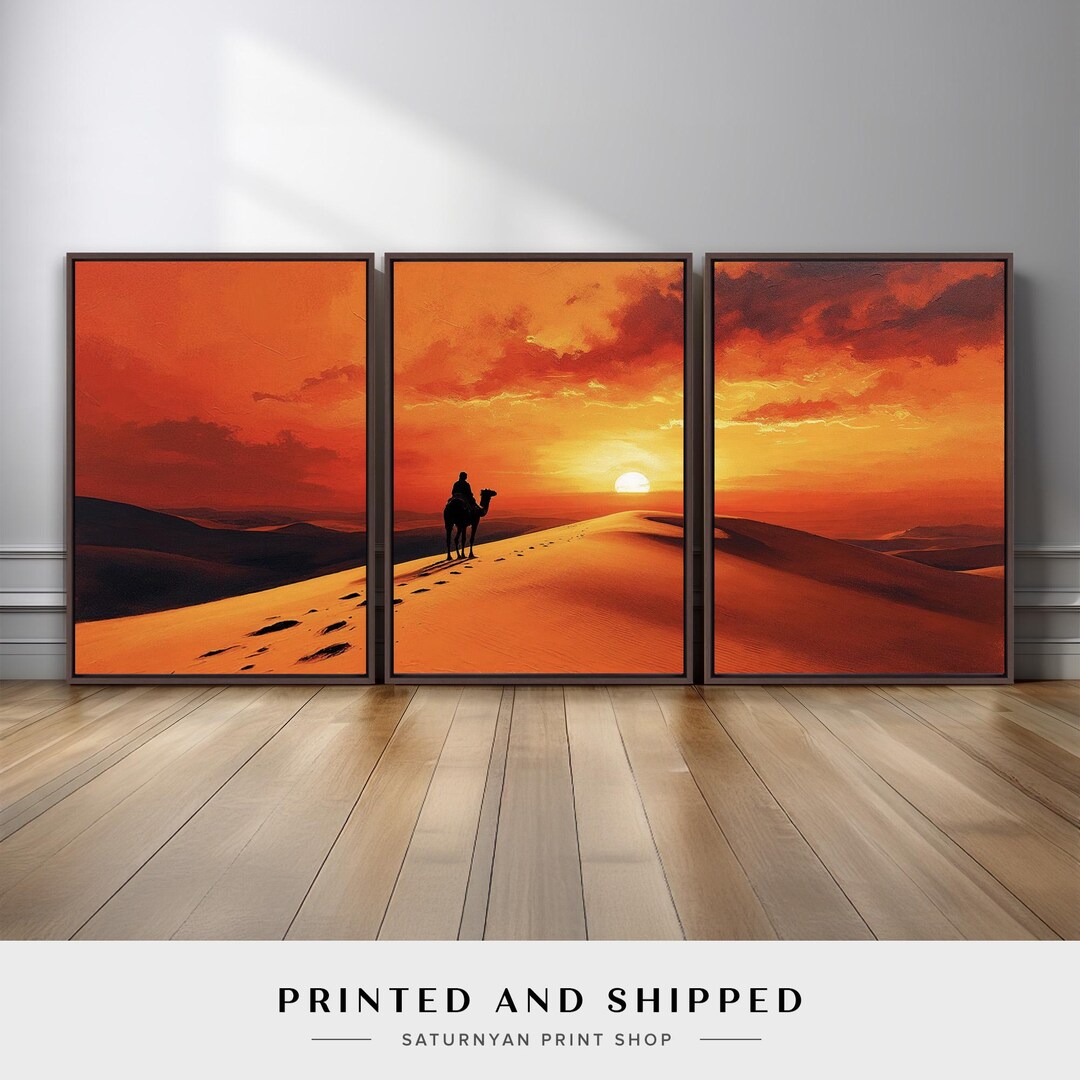Desert Sunset Wall Art Set of 3 | Golden Dunes and Camel Silhouette ...