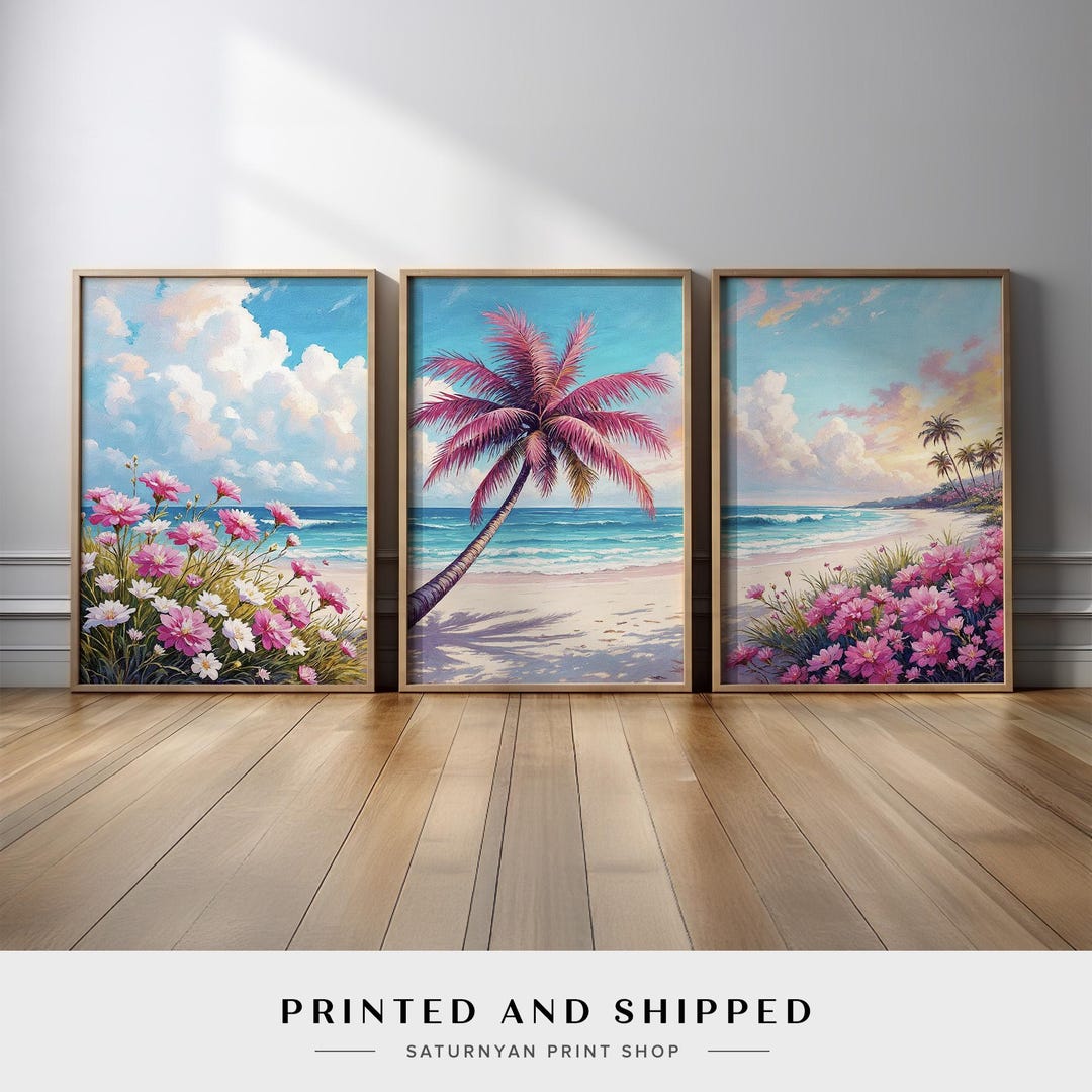 Tropical Beach Wall Art Set | Palm Tree & Ocean Prints | Coastal Sunset ...