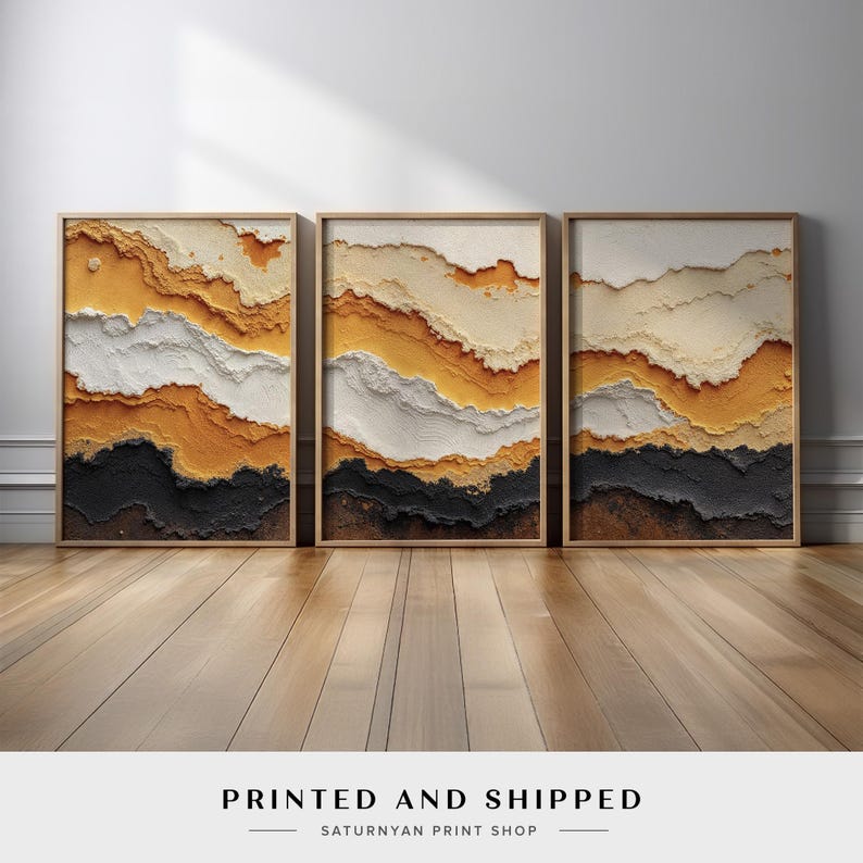 Burnt Orange and Mustard Yellow Abstract Wall Art Set of 3 | Rustic ...