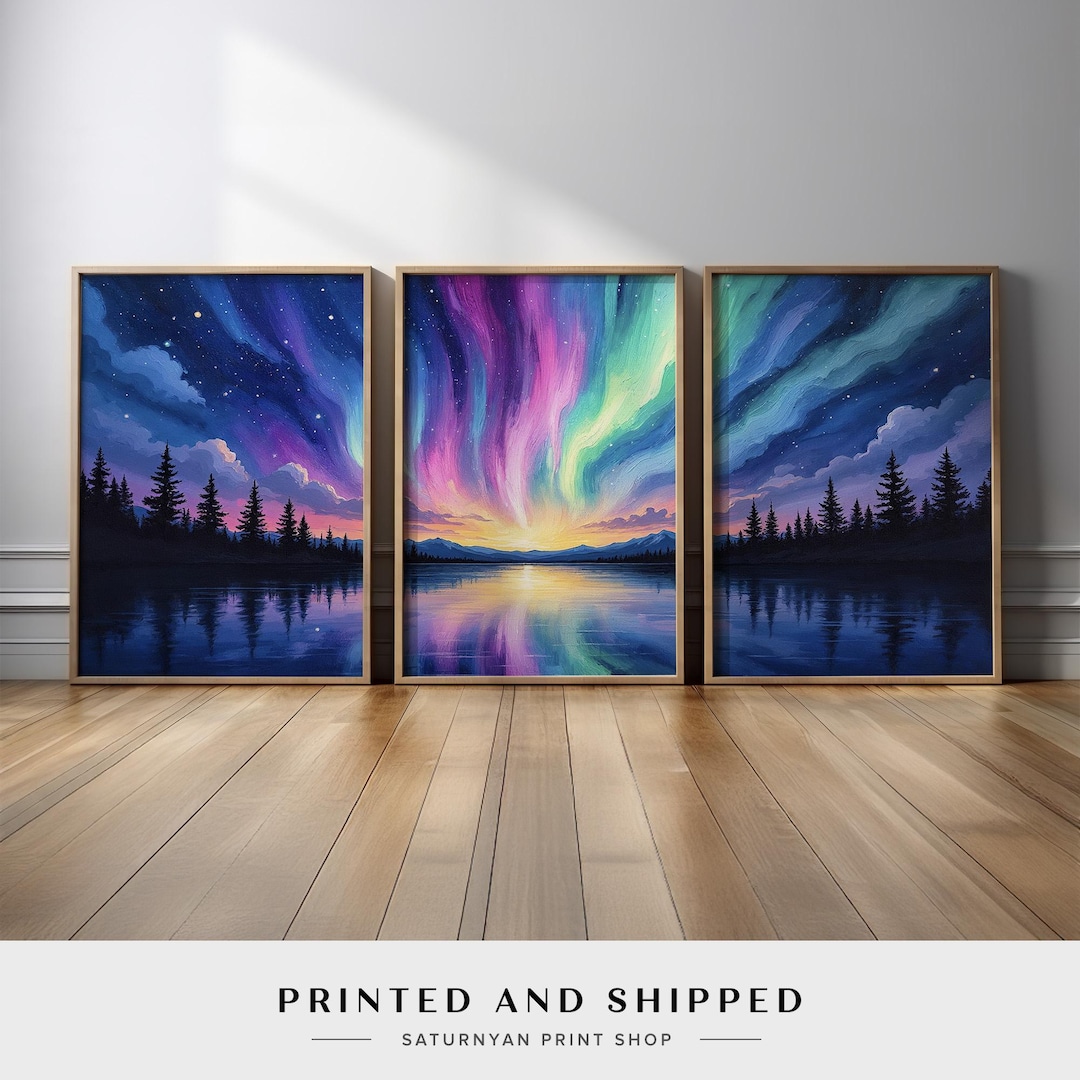 Northern Lights Wall Art Set of 3 | Aurora Borealis Over Lake With Pine ...