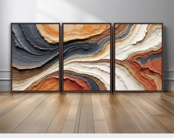Geology Inspired Abstract Wall Art Triptych | Canyon Rock Canvas Prints in Beige, Rust, and Black | Modern Neutral Home Decor