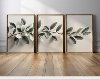 Minimalist Botanical Wall Art Set of 3 | Olive Green Leaf Branch Canvas Prints on Beige Background | Neutral Nature for Scandinavian Decor