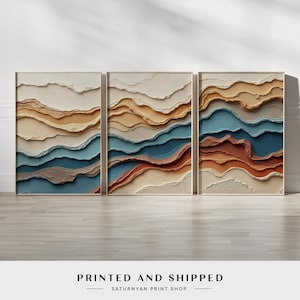 Earthy Sediment Layered Abstract Wall Art – Set of 3 Colorful Sandstone in Beige, Terracotta, and Blue Tones for Modern Homes