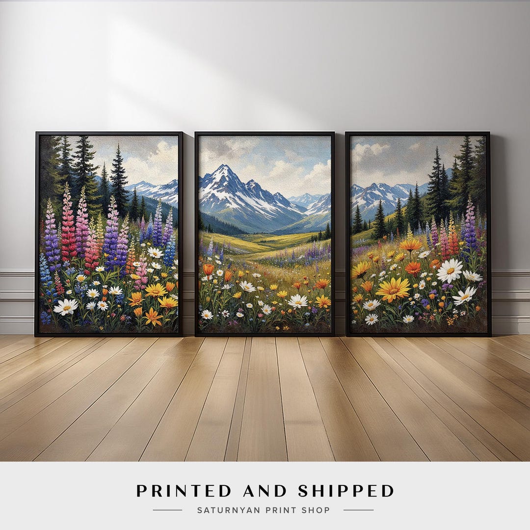 Wildflower Meadow Wall Art Triptych | Mountain Landscape Canvas Prints ...