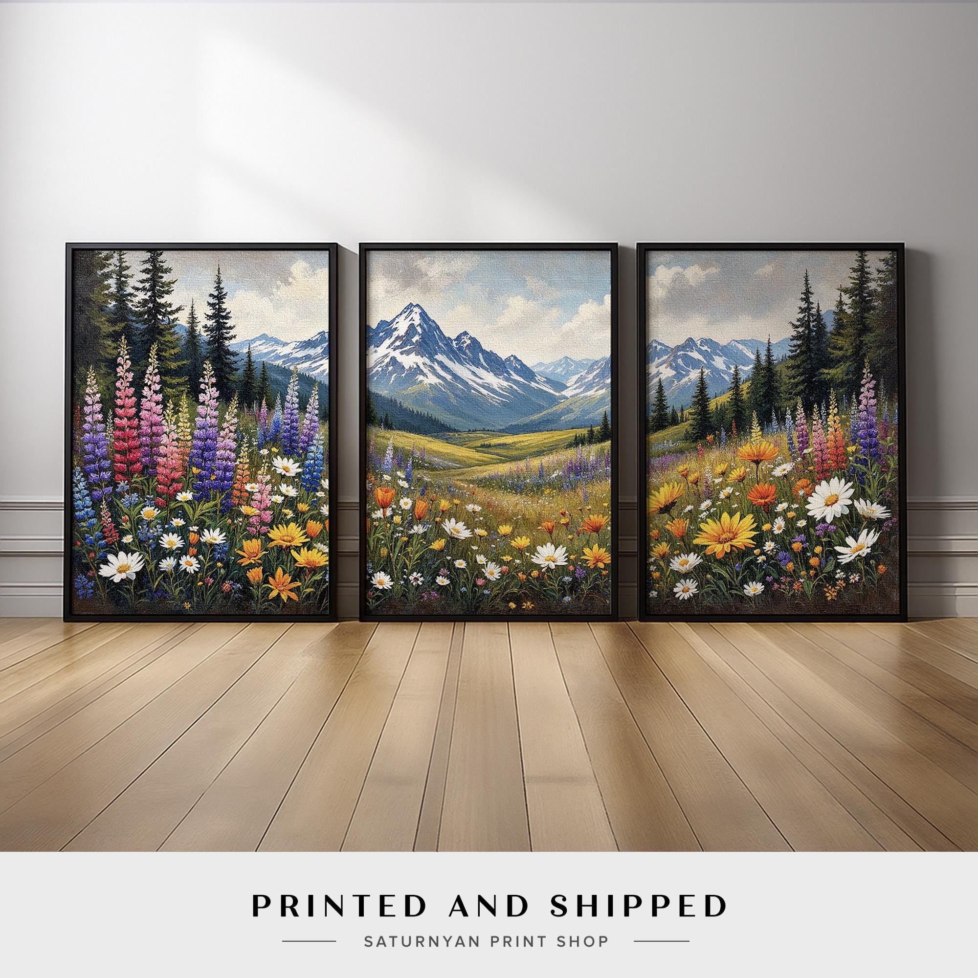 Wildflower Meadow Wall Art Triptych | Mountain Landscape Canvas Prints ...
