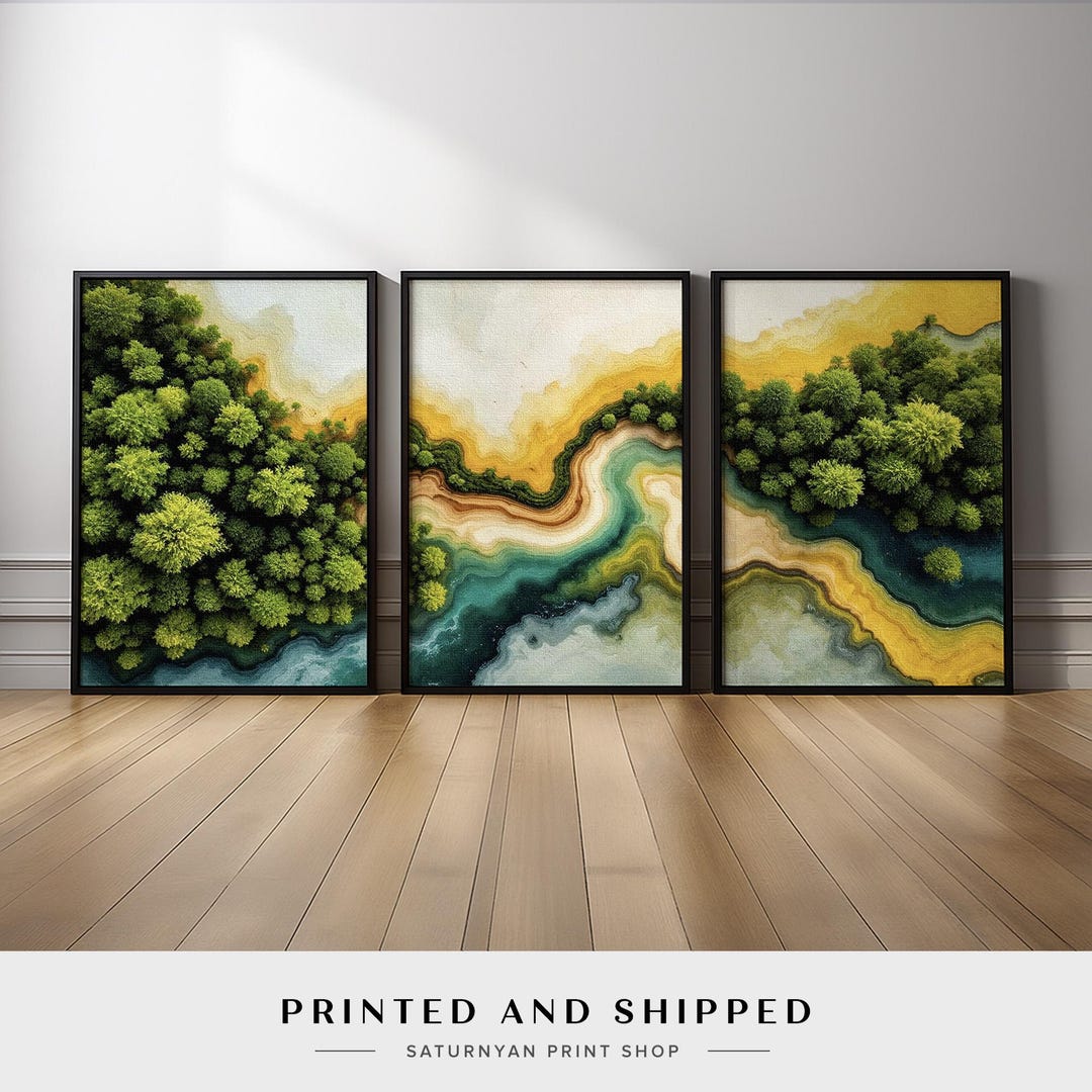 Forest and River Wall Art Set of 3 | Aerial Landscape Canvas Prints ...