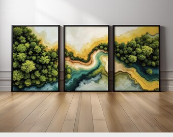 Forest and River Wall Art Set of 3 | Aerial Landscape Canvas Prints with Green, Teal, and Yellow Earth Tones | Modern Nature Triptych Decor