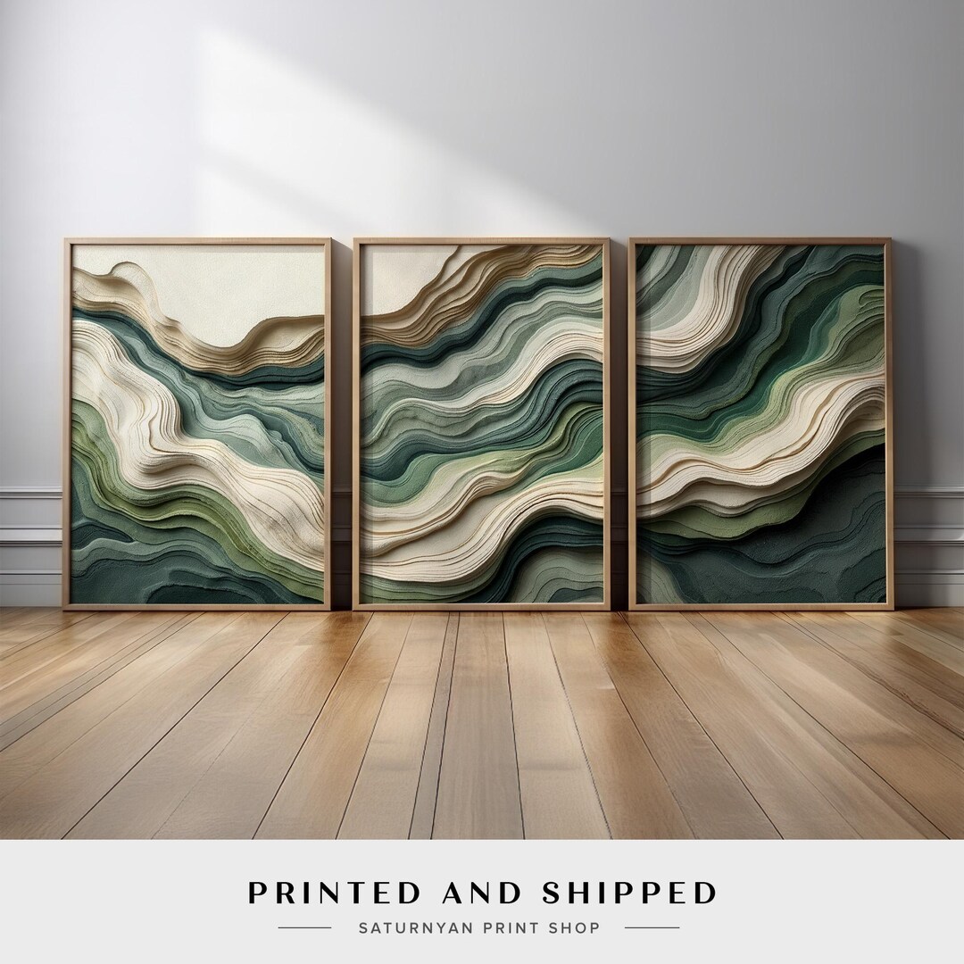 Earthy Green Abstract Wall Art Set of 3 | Organic Flow Canvas Prints in ...