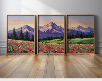 Colorful Mountain Landscape Triptych Wall Art | Wildflower Field Sunset Canvas Print Set of 3 | Vibrant Nature Scene for Living Room