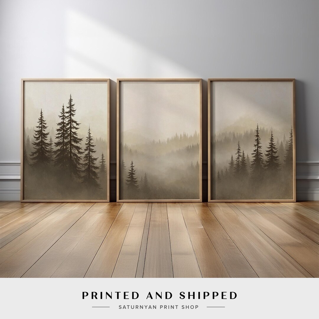 Misty Forest Wall Art Set of 3 | Neutral Pine Tree Canvas Prints in ...
